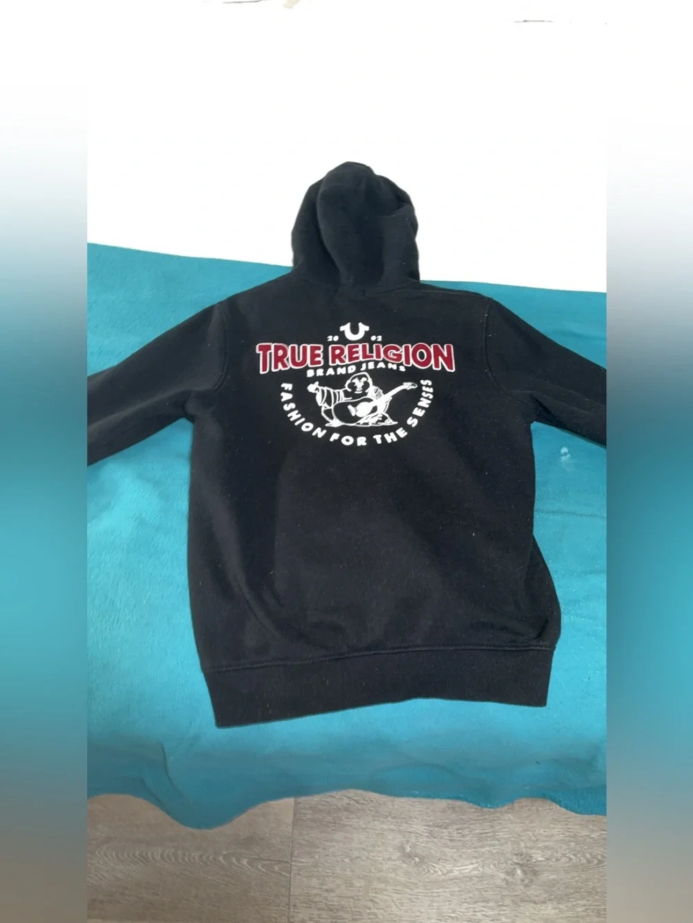 True Religion Men’s Medium Hoodie Black Red Full Zip Up Sweatshirt Jacket Logo
